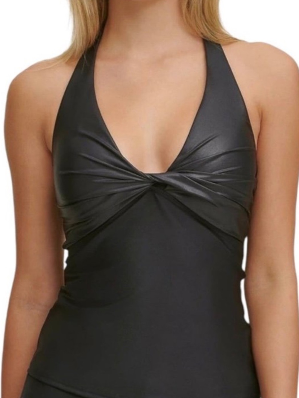 NWT DKNY LG Black Stretch Removable Cups Twist Front Halter Tankini Swimsuit